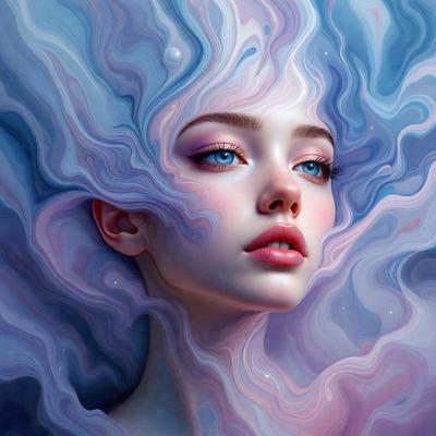 The primary subject of the image is a woman with blue eyes, who is the main focus of the scene. She is surrounded by a purple and blue background, which adds to the overall atmosphere of the image. The visual style of the image is digital art, as it is a detailed and intricate portrait of the woman. The colors and mood of the image are vibrant and lively, with the woman's blue eyes standing out as a striking feature.